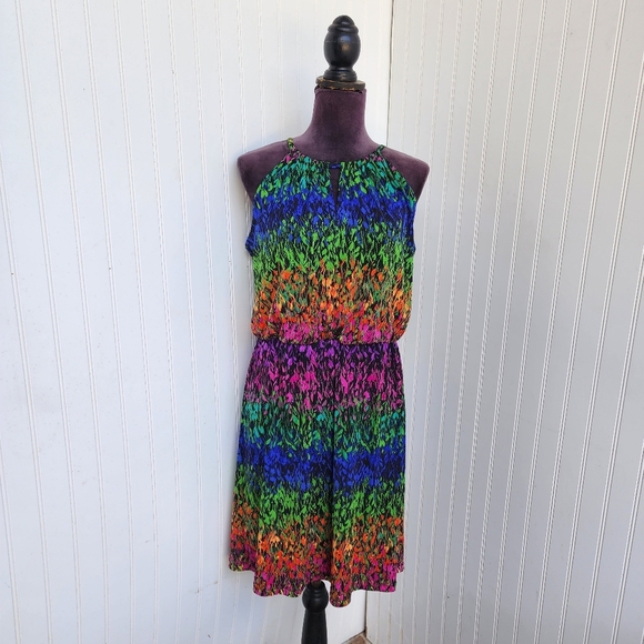 London Times Vibrant Dress Black Color Print Print Halter Stretch Women's Sz 10 - Picture 1 of 11